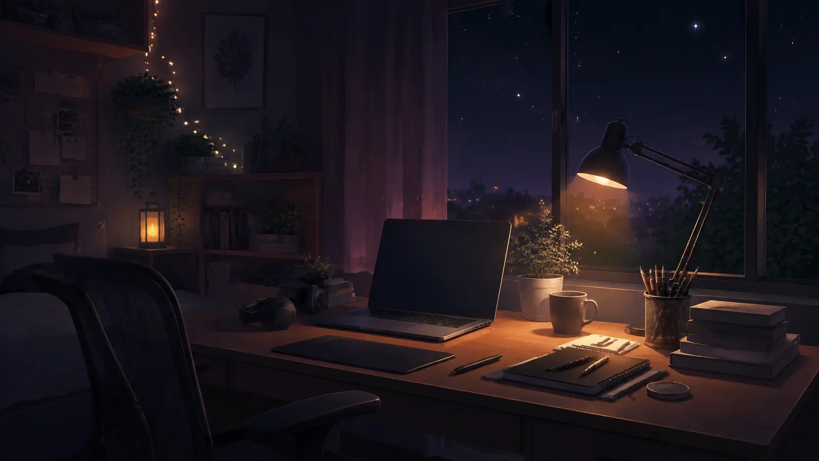Late-night creative home office