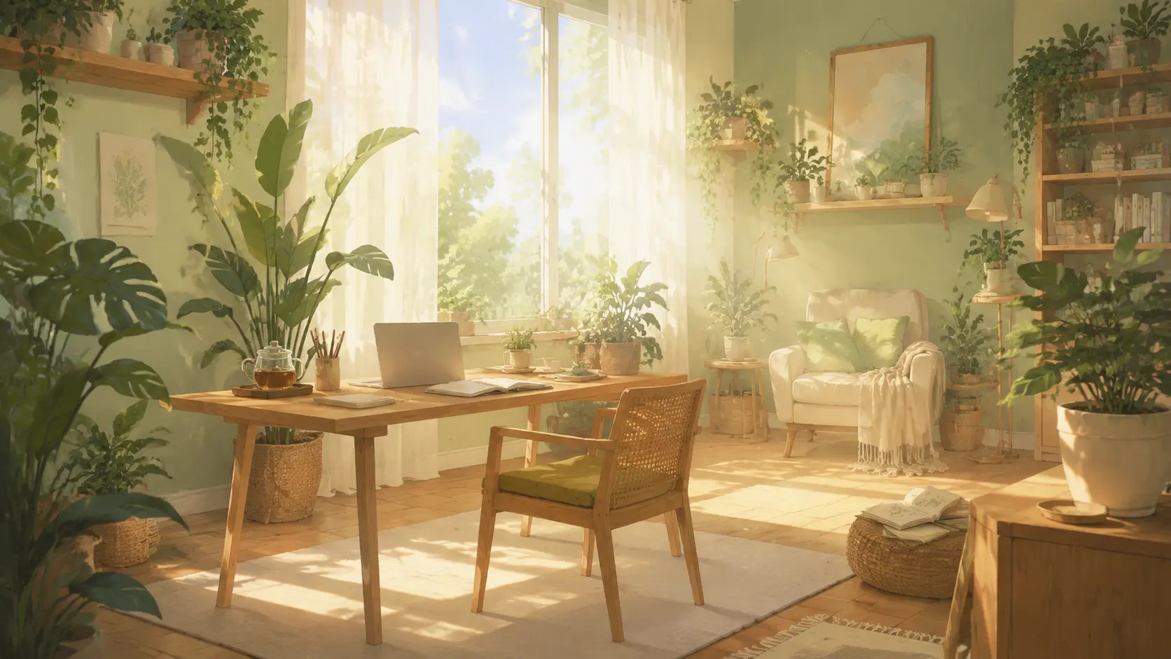 Sunlit plant-filled home studio